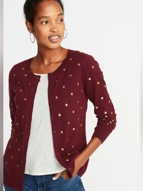 Women’s Burgundy Polka Dot Cardigan Sweater with Gold Dots